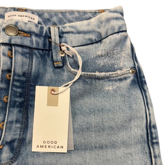 Good American Good Boy Flare Jeans Distressed Hem Slit Light Wash‎ Size 0 NWT - Picture 14 of 14